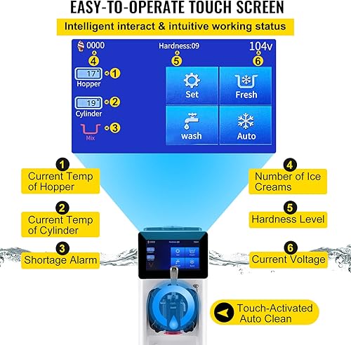 Miniatura 4 de VEVOR Máquina de helado comercial 10-20LH de rendimiento máquina de servicio suave de encimera de 1000 W con tolva de 45 L de 16 L de pantalla