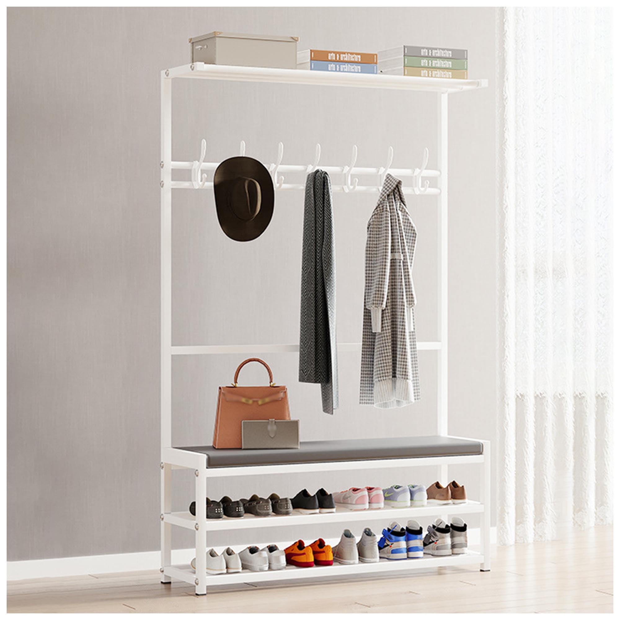 MYUYEE Entryway Bench With Coat Rack, 4-In-1 Hall Tree With Soft Cushion Storage Bench, Shoe And Coat Rack Freestanding, Multifunctional Home Orga(White-90X26X160Cm)