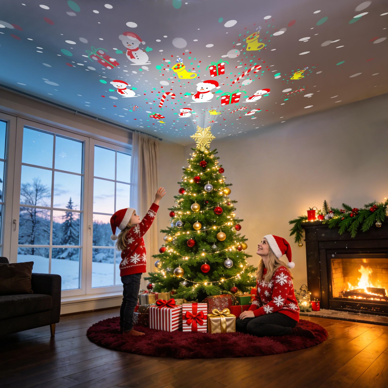 Puntale per albero di Natale dorato con 6 modelli di proiezione con fiocchi di neve dorati, con cavo di 3 m, per interni, ufficio, Natale, Capodanno (5,0 V, 1,0 A)