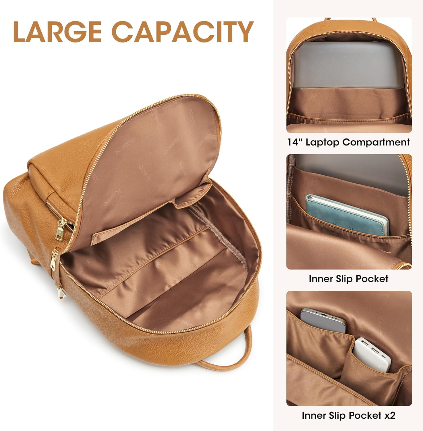 Kattee Leather Backpacks for Women,Fashion Multi-fuction Bag with Card Zipper Bag Attached at the Back for Travel Work Shopping and School, Brown - Image 3