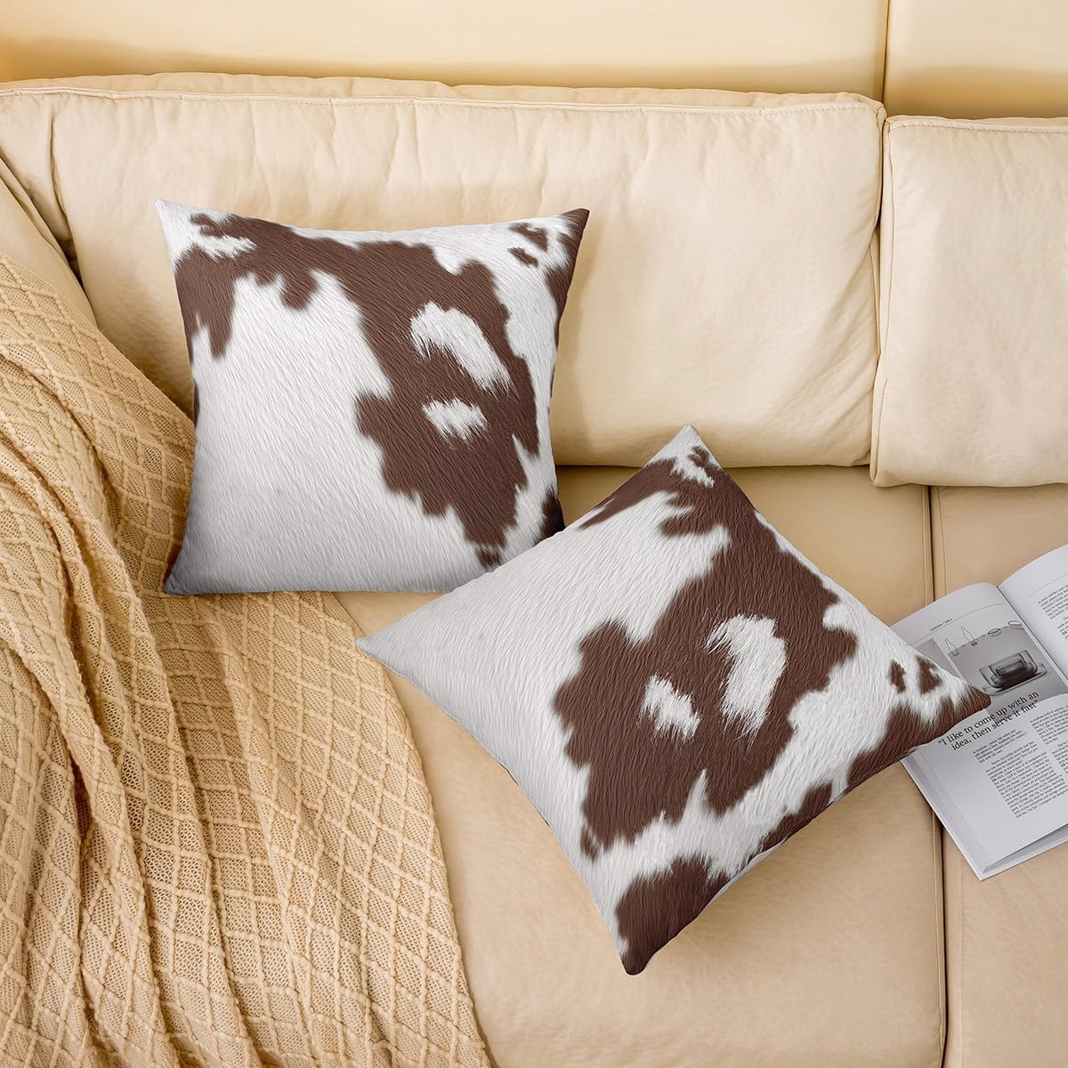 (Not Real) Cowhide Cushion Covers 18x18 Set of 4,Cow Skin Print Throw Pillow Covers for Sofa Bedroom Decor,Wildlife Fur Hair Pillow Covers White Brown Bull Cattle Skin Decorative Pillow Covers