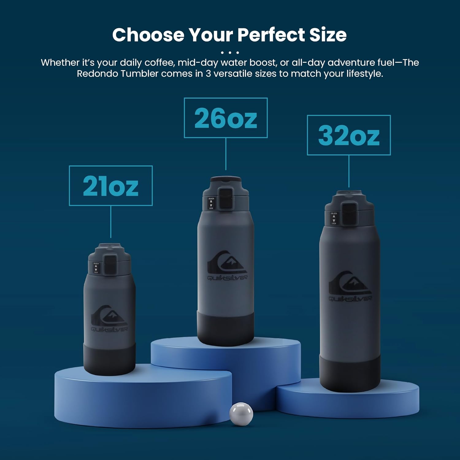 Quiksilver Redondo 32oz Double Wall Stainless Steel Water Bottle, Reusable Sports Bottle with Leak-Proof Lid, Non-Slip Rubber Base, Carrier Handle, insulated Tumblers, 24H Hot & Cold Beverage