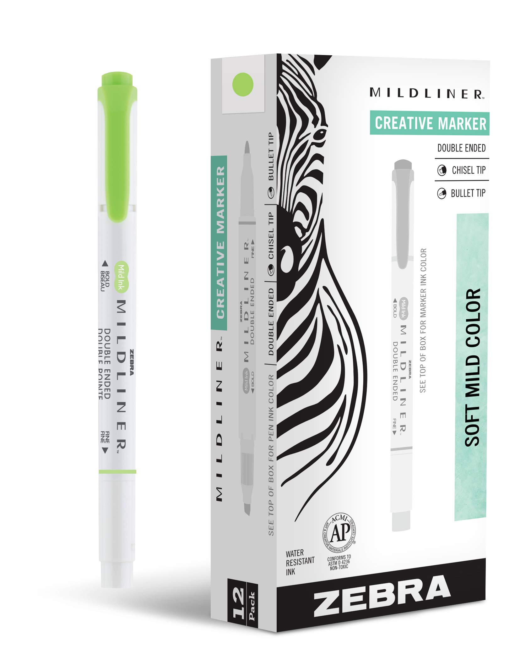 Zebra Pen Mildliner Double-Ended Highlighter Marker Set, Broad and Fine Point Tips, Ideal for Bible Highlighting, No Bleed, Mild Green Ink, 12-Pack (78140upc)