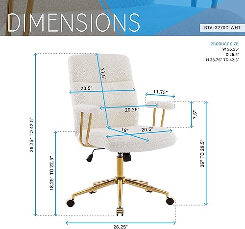 Miniatura 3 de Elegante silla de oficina mullida blanca y dorada con tela texturizada Boucle, moderna silla de escritorio con asiento acolchado, altura ajustable