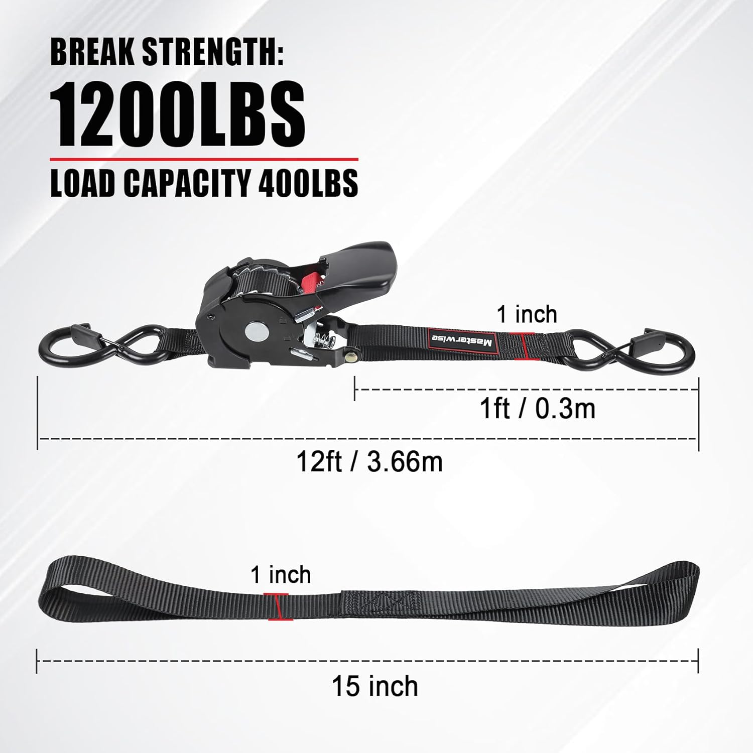 12FT Retractable Ratchet Straps, Motorcycle Tie Down Straps with S Hooks, Self Heavy Duty Ratchet Straps Include Loops for Trucks, Cargo, Motorcycles, Moving and Storage, 2 PCS - Image 2