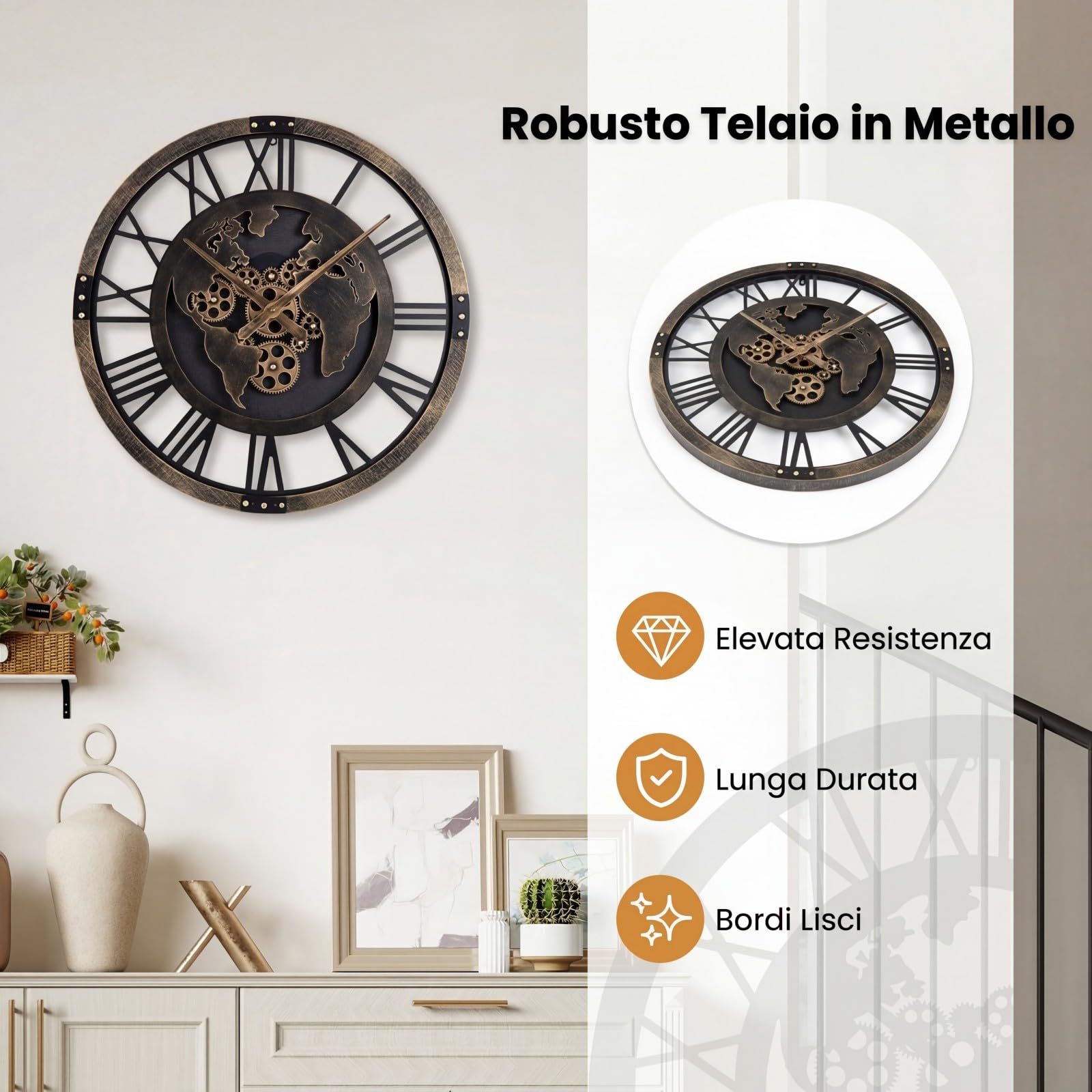 COSTWAY Grande Orologio da Parete 68 cm a Ingranaggi con Mappa del Mondo | Orologio in Metallo Decorativo Silenzioso per Soggiorno Camera da Letto Cucina