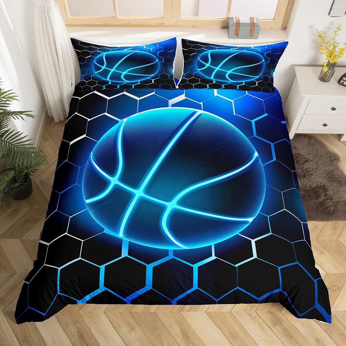 Manfei Kids Basketball Duvet Cover Set Full Size, Blue Honeycomb Bedding Set 3pcs for Boys Teen, Sports Gaming Theme Comforter Cover Geometric Neon Lines Quilt Cover with 2 Pillowcases,No Comforter