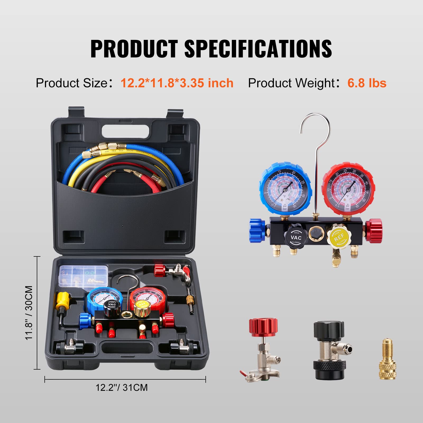 VEVOR Set di Manometro del Refrigeranti a 4 Vie per R134A R410A R22 dell'Aria Condizionata Uso Automobilistico, Set Indicatore del Collettore AC 3 Adattatori per Refrigeranti con Valigetta 31x30x8,5cm