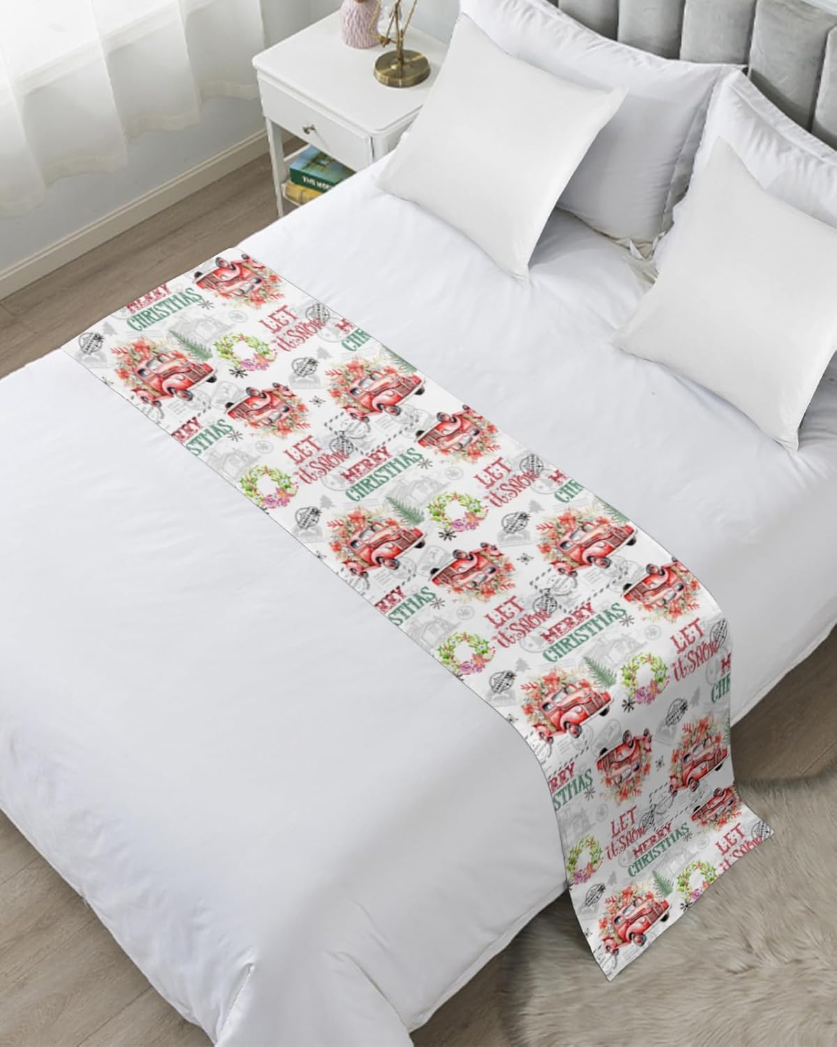 Bed Runner Scarf for Bed Foot Decor, Merry Christmas Poinsettia Flower Red Truck Vintage Bed Flags Bed Scarves, Bedding Scarf Protector for Home Bedroom/Hotel/Wedding, 102"x20" for Cal King Bed