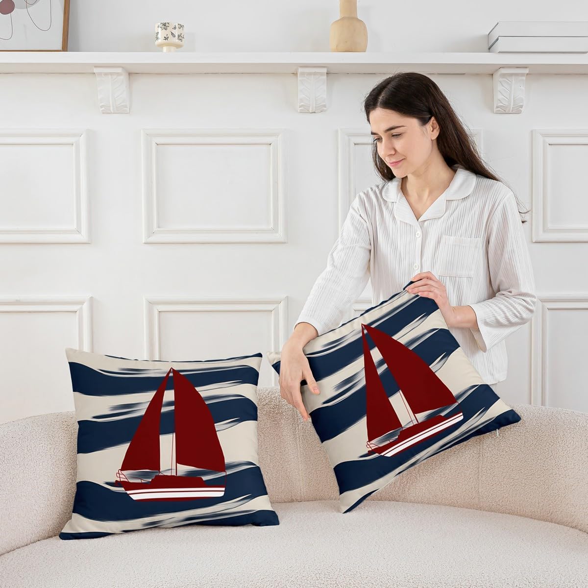 Feelyou Sailboat Printed Stripe Pillow Covers Set of 2 20 x 20-Inch image 5
