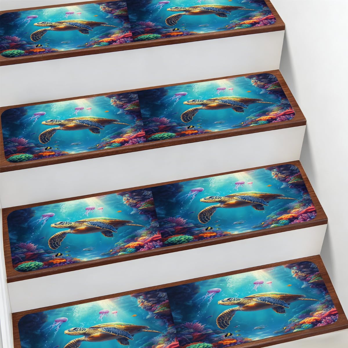 Alfombra para escaleras antideslizante de 7.8x30" diseño océano costa azul para peldaños