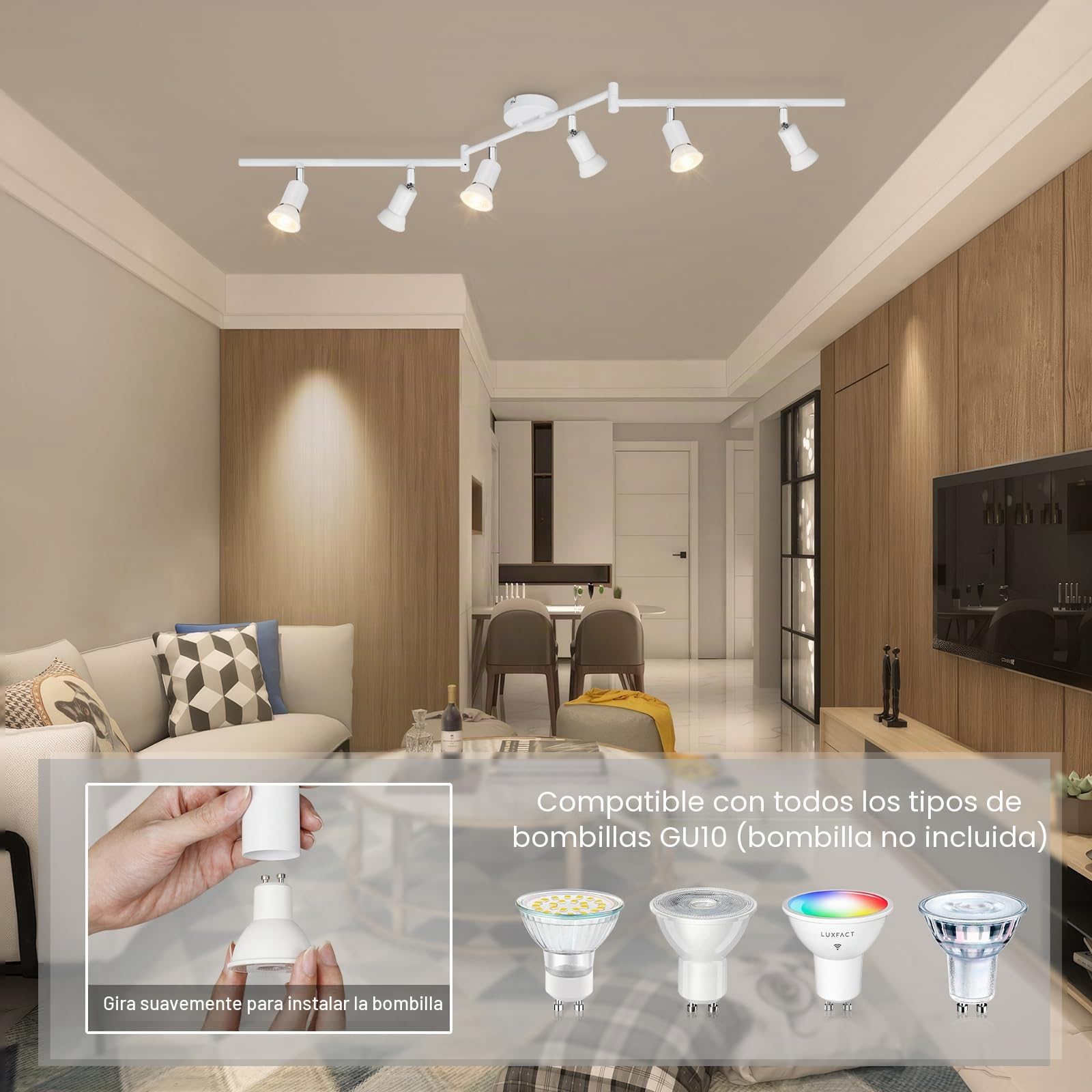 Lámparas de Techo LED 6 Focos Orientables, Luz de techo Blanco Giratoria GU10 para Dormitorio Habitacion Salon Cocina Barra sin Bombilla