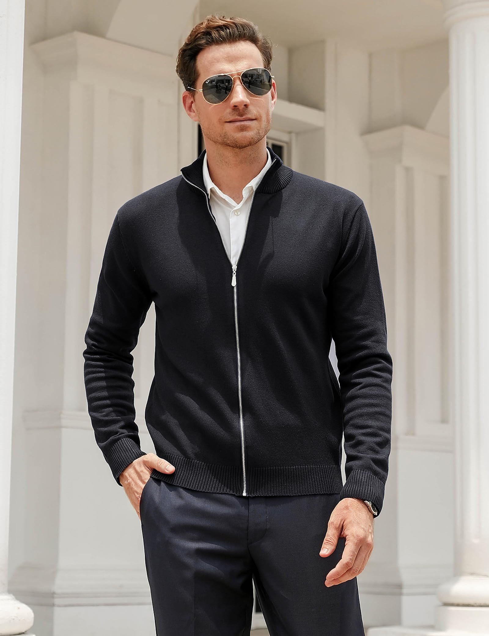 iClosam Cardigan da Uomo Casual Slim Leggero Maglione Maglia Waffle Sweater Pullover Giacca Coat con Zip Invernale B-Nero,S