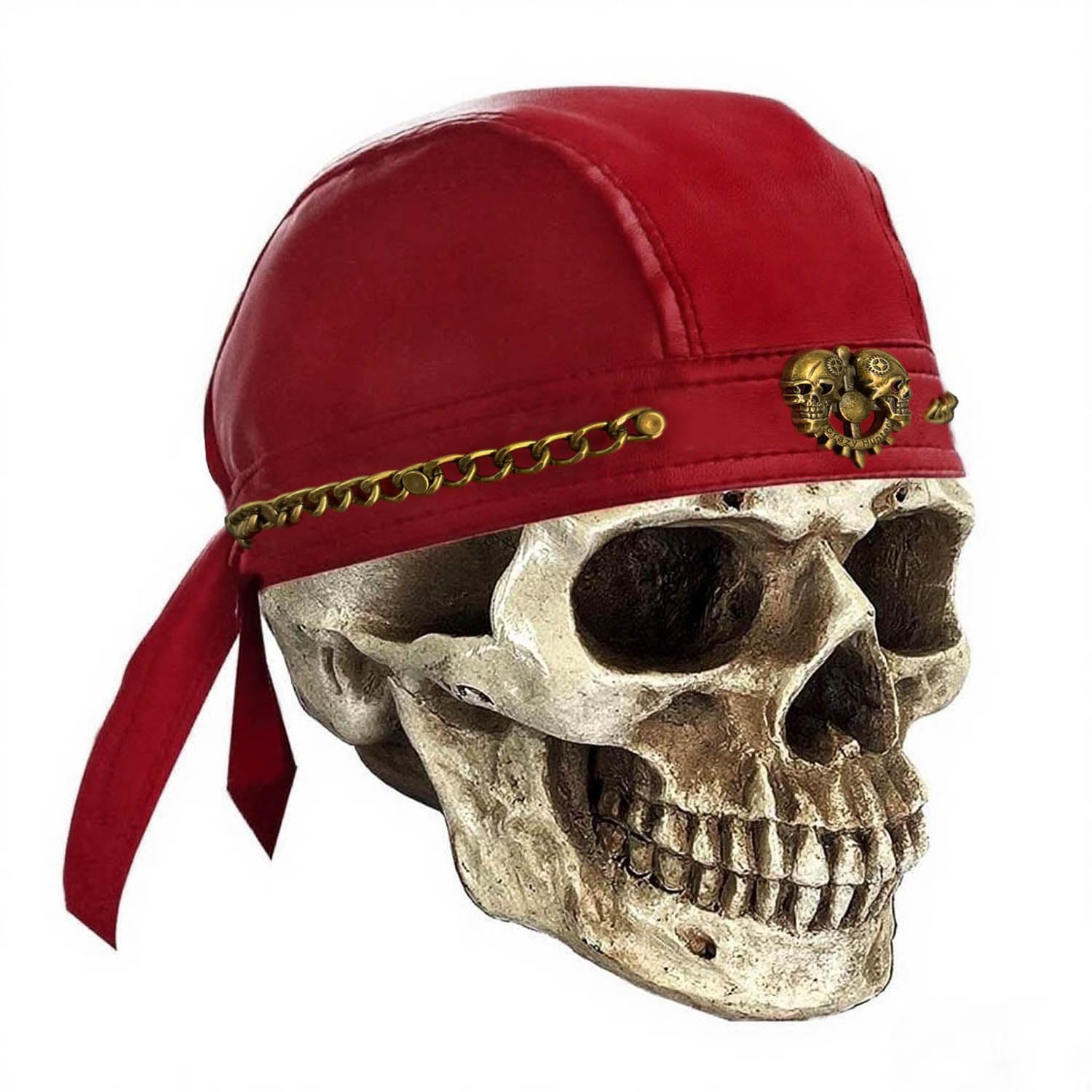 Vintage Skull Chain Cycling Bandana Doo Rags Adjustable Cap Metal Biker Leather Cap Red
