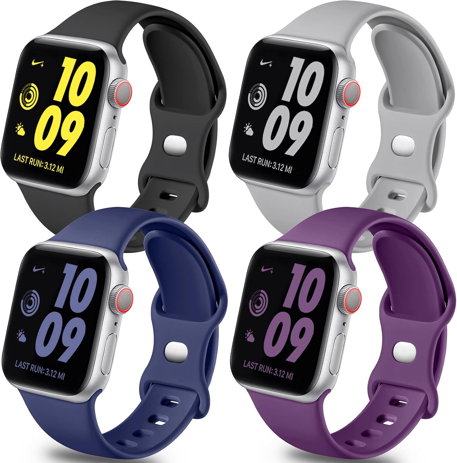 Getino Band Compatible with Apple Watch 40mm 38mm 44mm 42mm Series 6 5 4 3 2 1 SE Bands for iWatch Women Men Stylish Soft Silicone Wristband, 4 Pack, Purple, Pebble Gray, Black, Midnight Blue, M/L