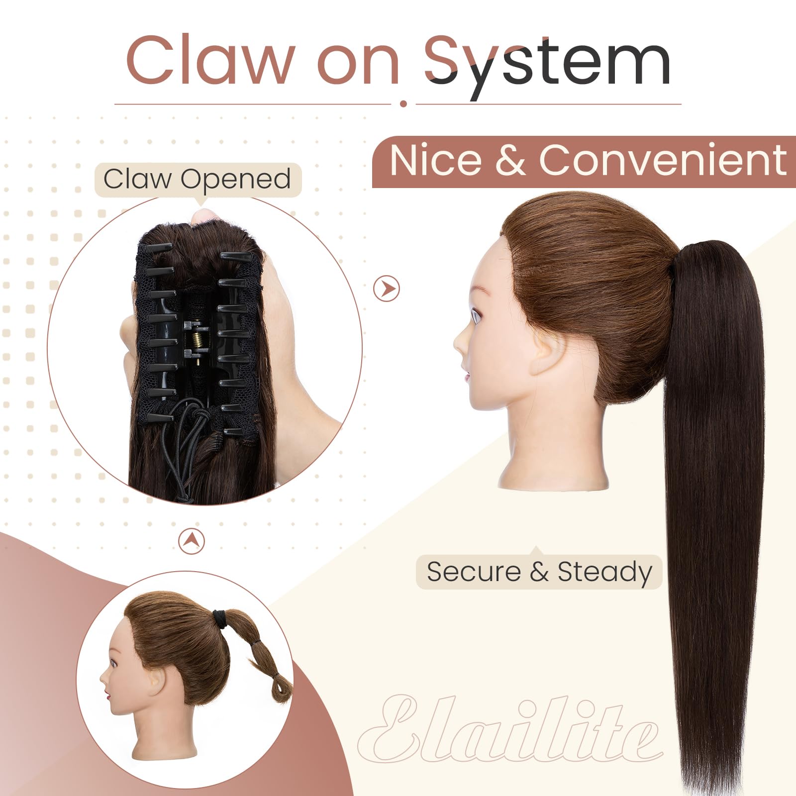 Elailite Claw Clip Ponytail Hair Extensions Real Human Hair Natural HairPiece Straight (#2 Dark Brown, 22 Inch) - Image 3