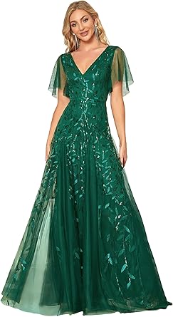 Women's V-Neck Embroidery Short Sleeve Wedding Party Evening Dress 0734