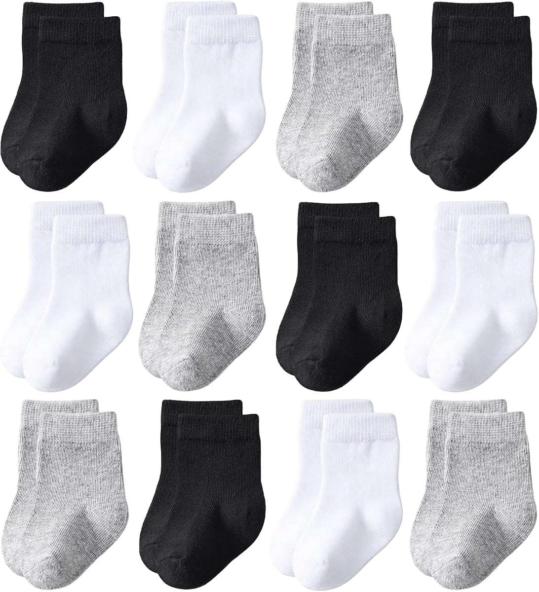Baby Crew Socks 12-Pack Cotton Newborn Baby Boys Girls Socks 0-3T | Combed Cotton Baby Socks No Polyester, Soft on Skin Fits 0-3, 3-6, 6-12 Months & 1-3T for Newborn, Infant & Toddler