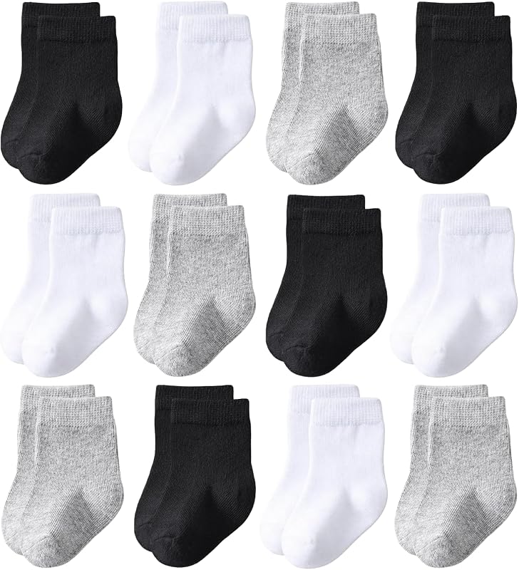 Baby Crew Socks 12-Pack Cotton Newborn Baby Boys Girls Socks 0-3T | Combed Cotton Baby Socks No Polyester, Soft on Skin Fits 0-3, 3-6, 6-12 Months & 1-3T for Newborn, Infant & Toddler