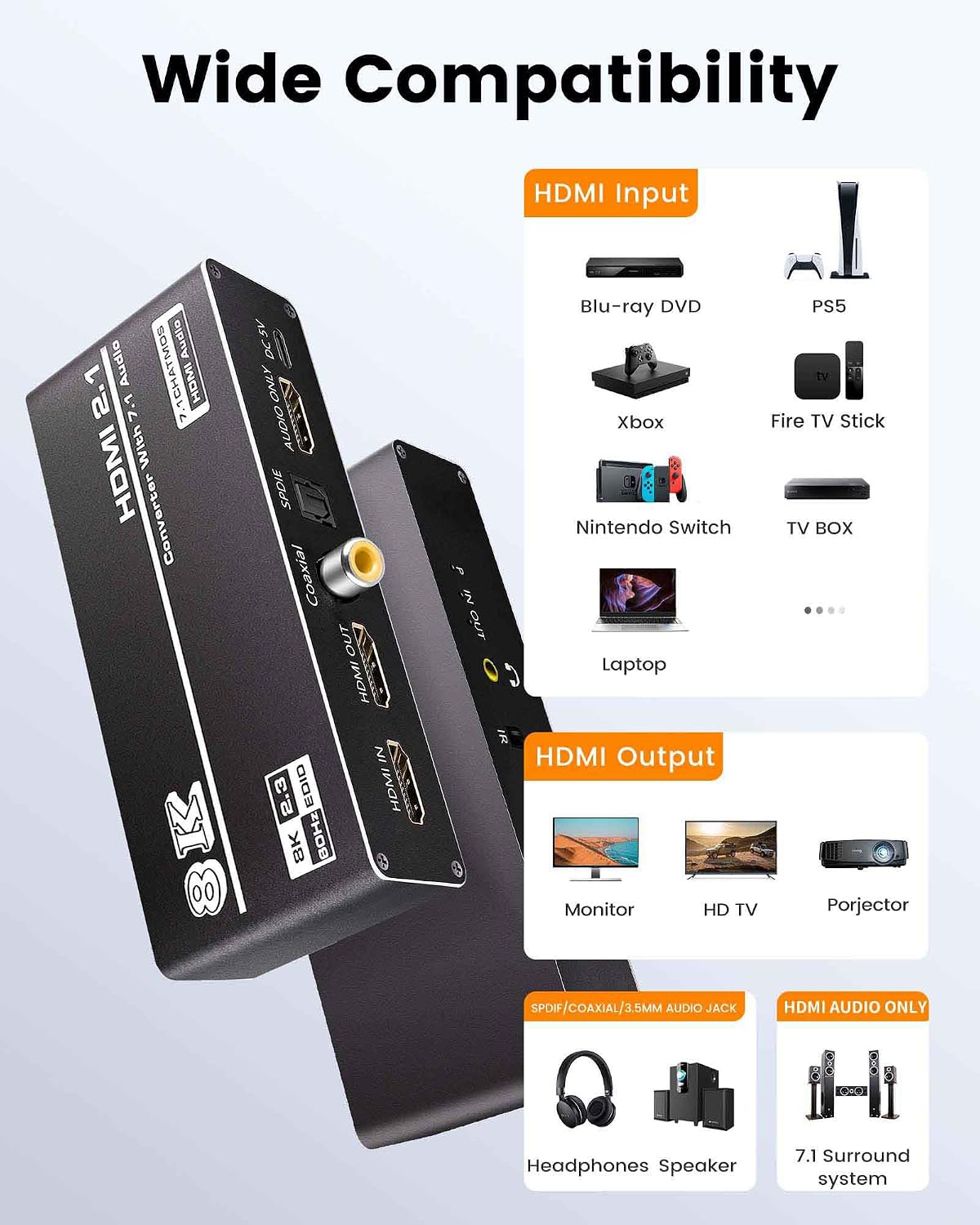HDMI Audio Extractor 4K 120Hz, avedio links HDMI Audio Conventer Splitter with HDMI to HDMI + 7.1Ch HDMI Audio + Optical Toslink SPDIF + Coaxial + 3.5mm Audio Jack, Support HDMI 2.1, HDR, VRR, HDCP2.3