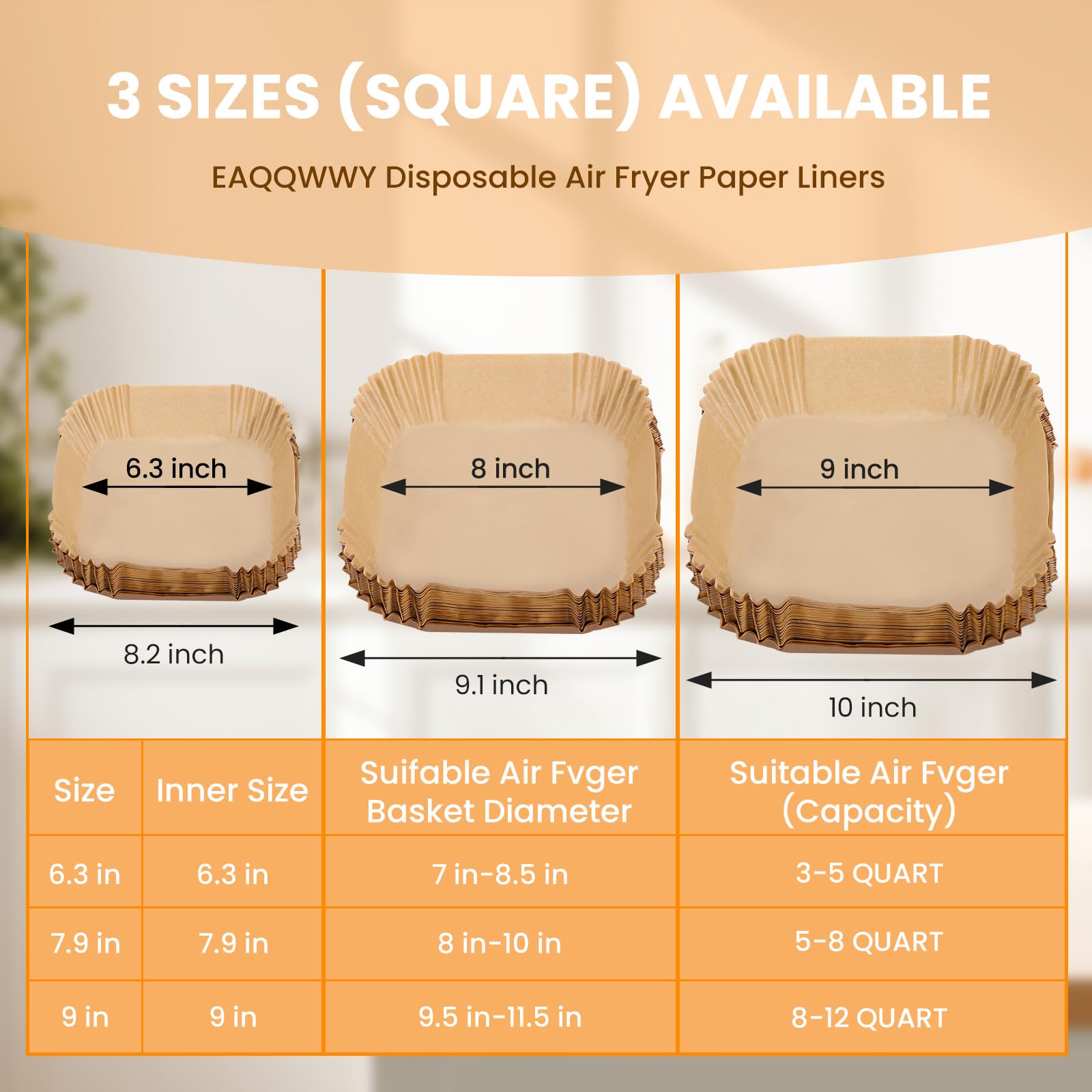 Revestimientos de papel desechables para freidora de aire: 100 piezas de papel pergamino antiadherente, resistente al aceite, papel cuadrado de grado alimenticio para freidora de aire de 3 a 5 cuartos