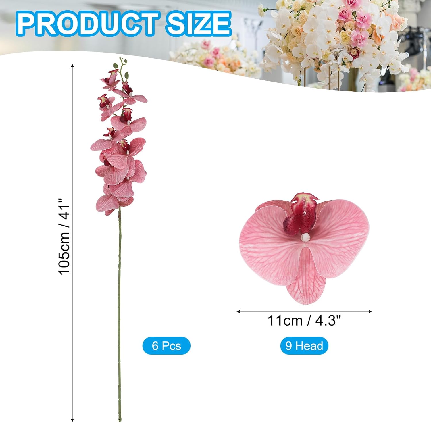 PATIKIL Artificial Orchid Stems 41", 6 Pack 9 Heads Faux Phalaenopsis Flowers Real Touch Fake Orchid Flower Branch for Vase Home Wedding Decoration, Dark Pink