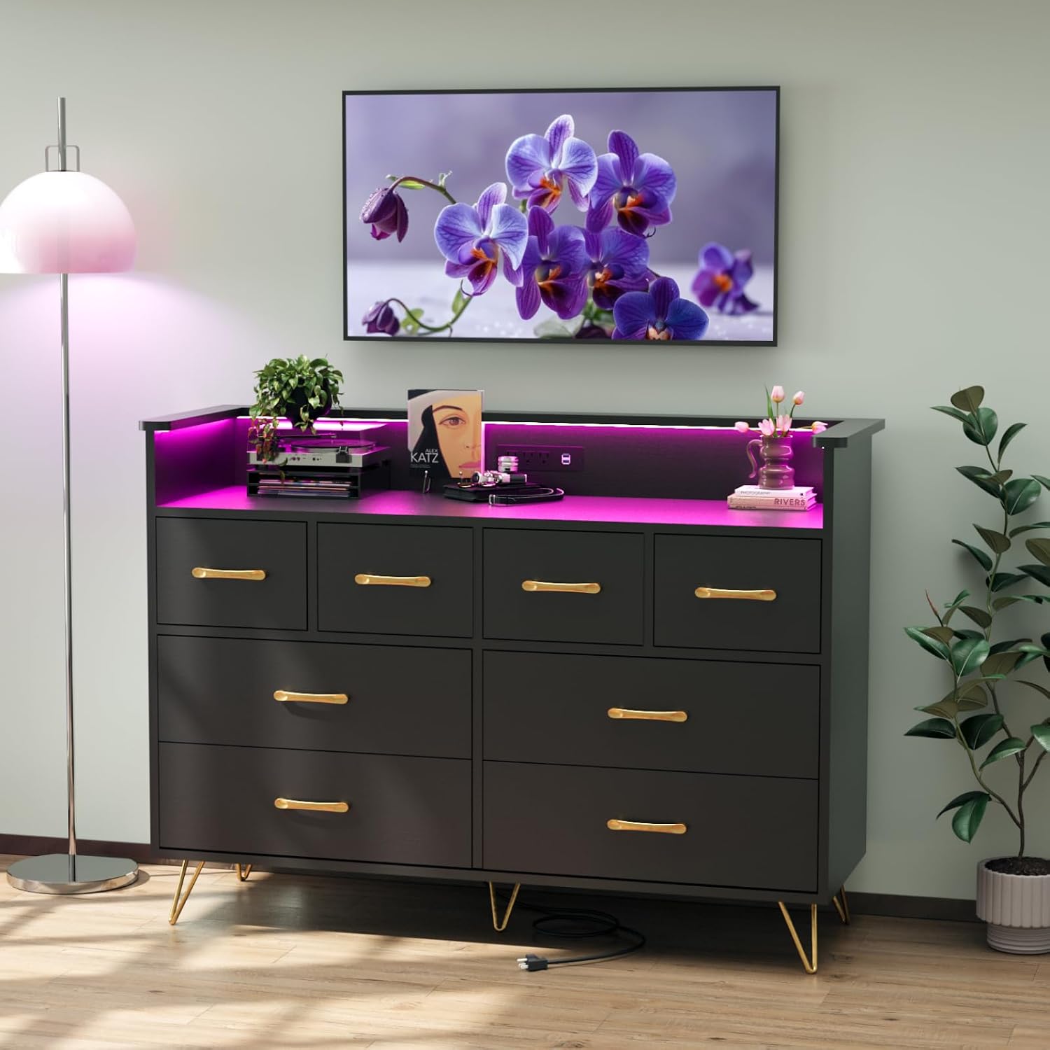 Patikuin Black Dresser for Bedroom with LED Light & Charging Station, 8 Drawers Wooden Dressers with Open Space, Modern Chest of Wide Drawers for Living Room, Entryway, Hallway