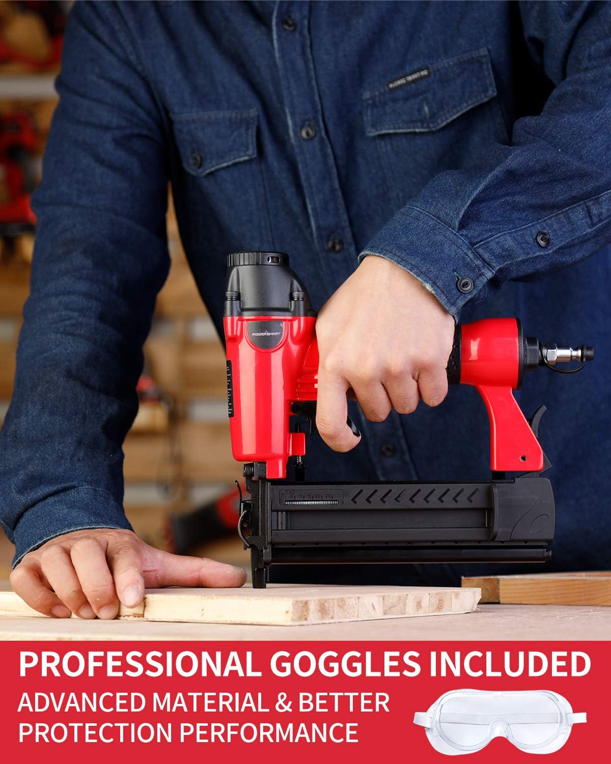 Lіmіtеd Dіѕсоunt Powersmart 18-Gauge Pneumatic Brad Nailer, 2 in 1 Nail Gun and Crown Stapler with Safety Glasses, 5/8-IN to 2-IN Nails, Air powered Nail Gun for Upholstery, Carpentry and Woodworking Projects