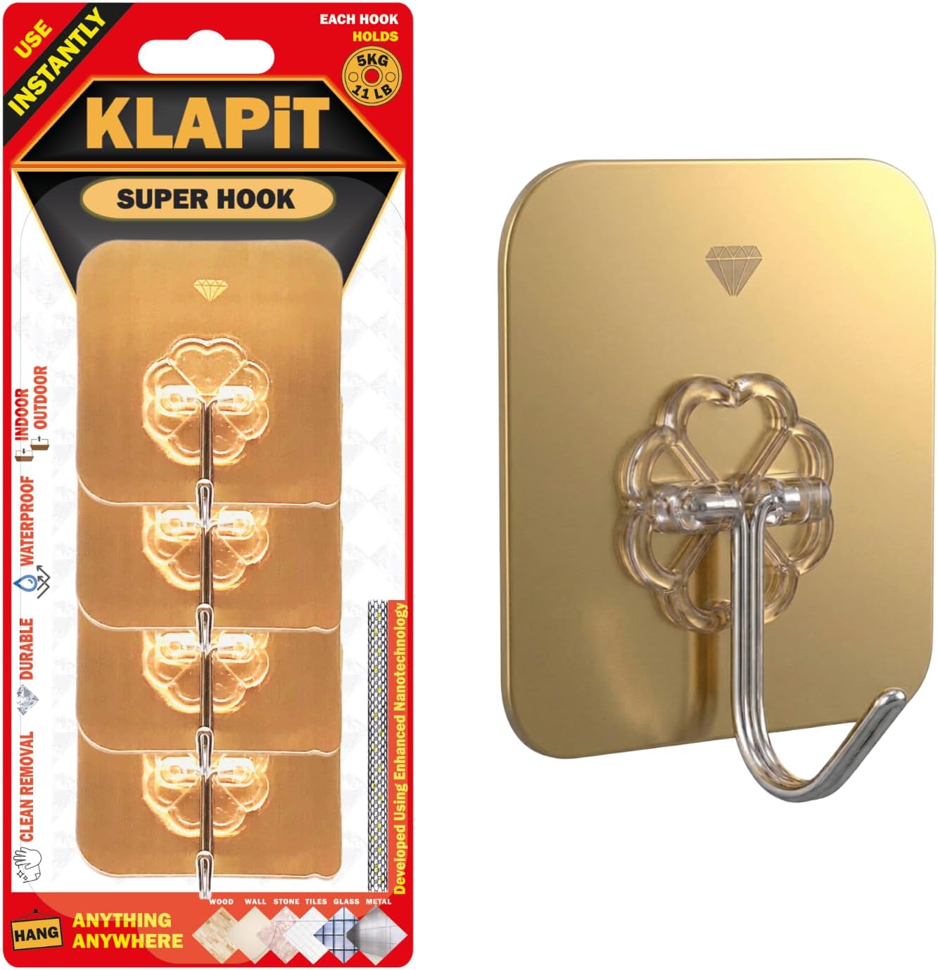 KLAPiT Super Hook - Heavy-Duty Adhesive Gold Wall Hooks, Stainless Steel, Holds up to 11 lbs, Waterproof, No Damage, Easy Install on Tile, Wood, Stone, Glass & Metal (Gold, 4pc)