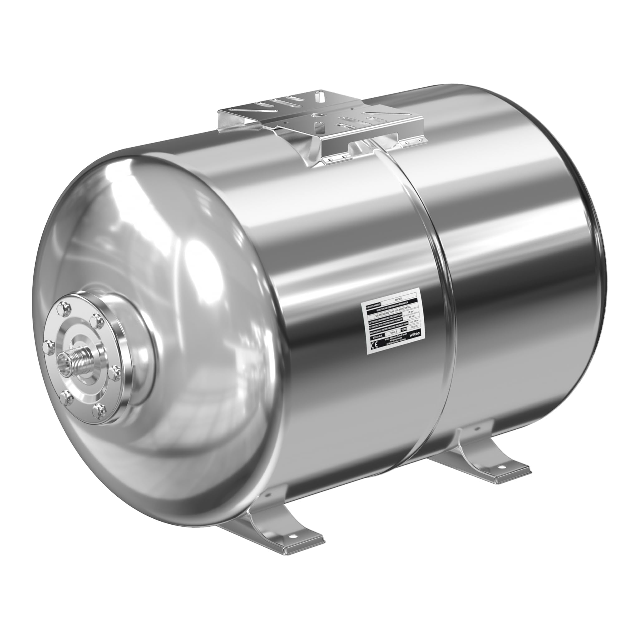 Wiltec Edelstahl Ausdehnungsgefäß 50 Liter, horizontaler Membrankessel für Hauswasserwerke und Druckerhöhungsanlagen mit EPDM Membran
