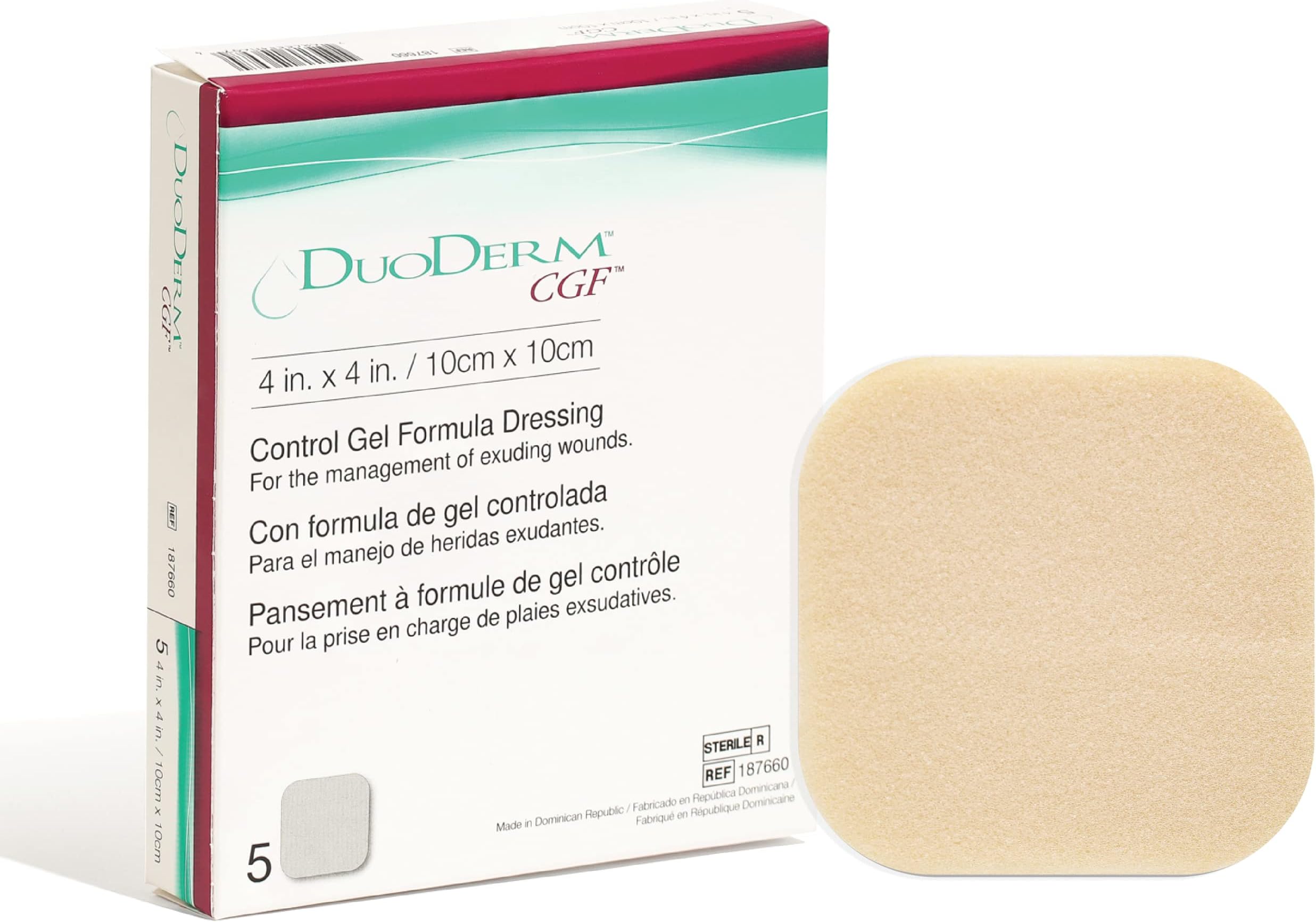 DuoDERM Control Gel Formula 4"x4" Hydrocolloid Sterile Adhesive Dressing for Partial and Full-Thickness Wounds, Medical Grade, Latex-Free, Waterproof, Square, Beige, 5ct Box