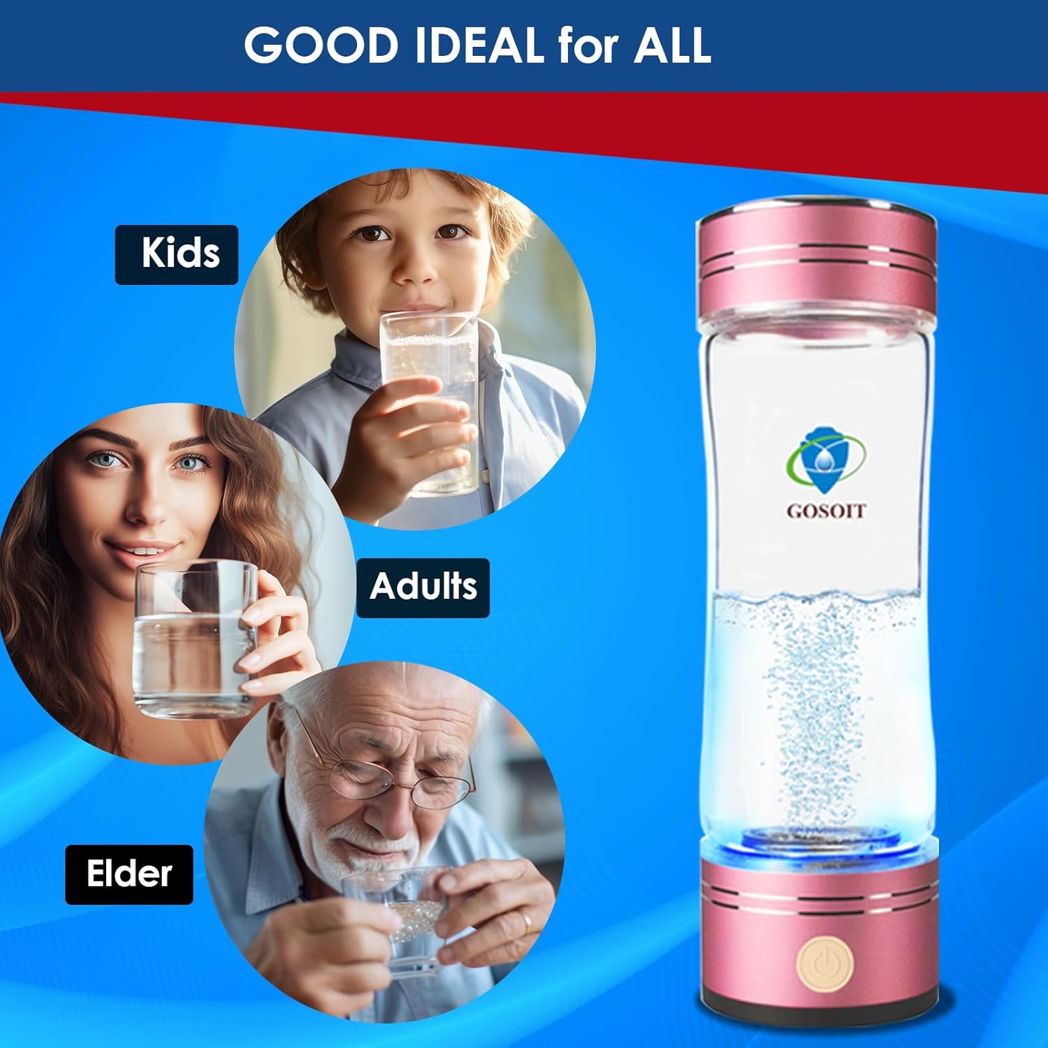 Glass Hydrogen Water Bottle Maker Machine Portable Hydrogen Alkaline Water Pithcher Generator Ionizer with SPE and PEM Technology（Dark Pink）