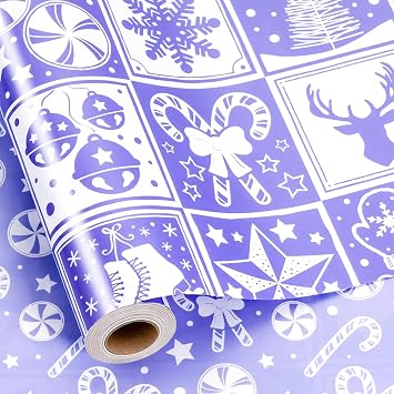 MAYPLUSS Christmas Wrapping Paper Roll, Light Purple Wrapping Paper, Girly Bell, Tree, Candy Canes Christmas Themed Wrapping Paper for Girl Holiday Gift Packaging 17 Inch X 16.5 Feet