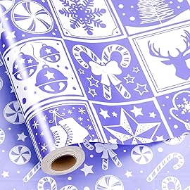 MAYPLUSS Christmas Wrapping Paper Roll, Light Purple Wrapping Paper, Girly Bell, Tree, Candy Canes Christmas Themed Wrapping Paper for Girl Holiday Gift Packaging (17 Inch X 16.5 Feet)