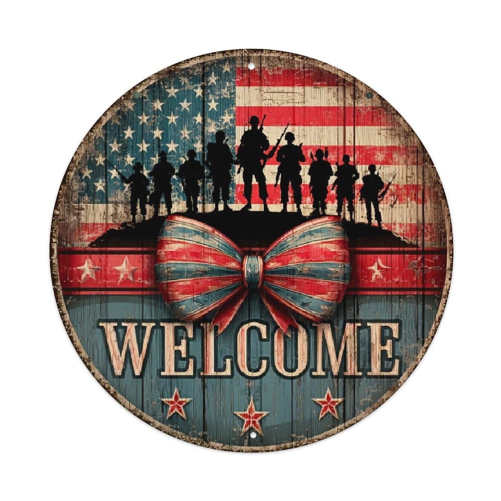 American Flag Soldier Silhouette Bow Welcome Metal Tin Sign Plaque