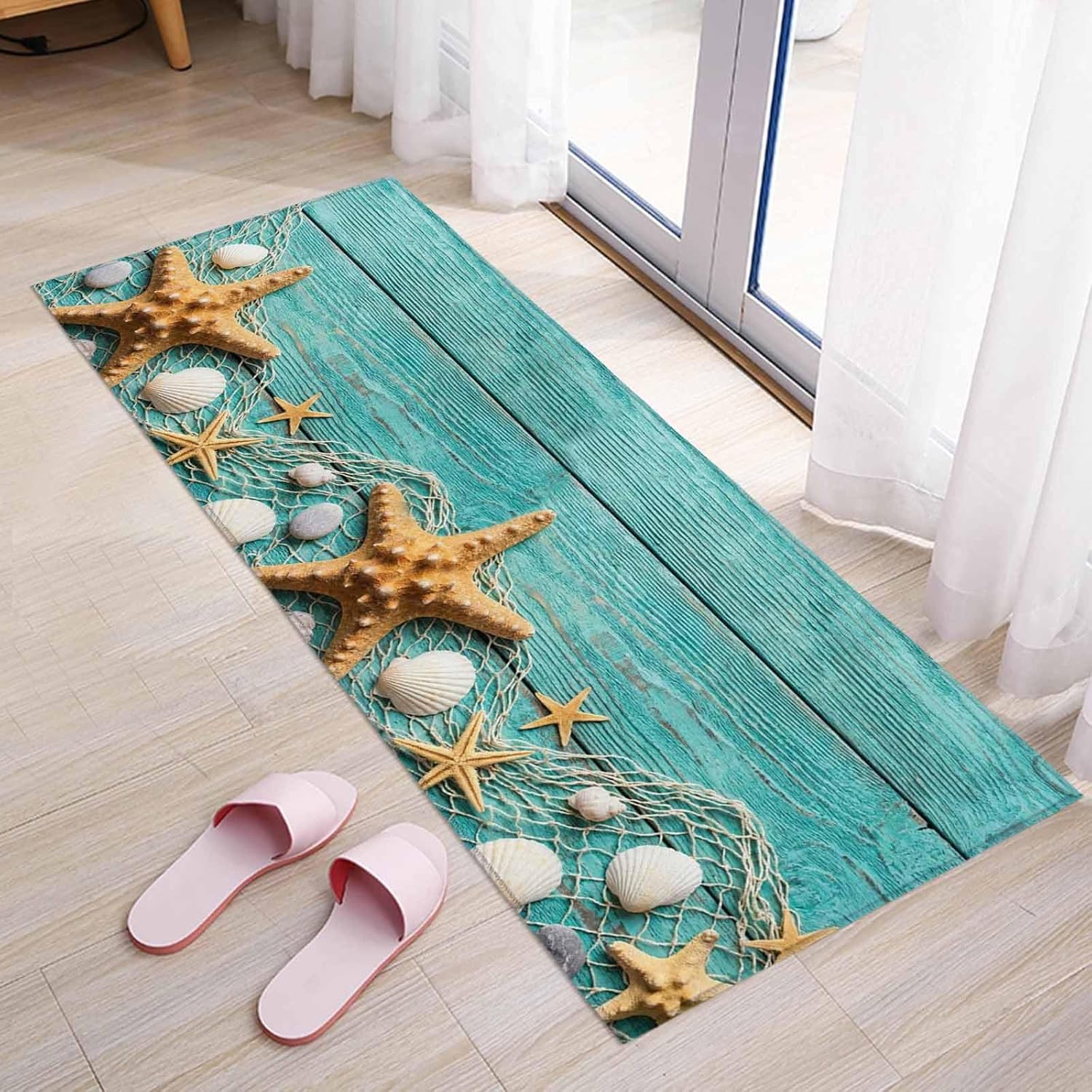 Teamery Kitchen Mats for Floor Summer Starfish Shell Conch Washable Non Slip Kitchen Rugs 1PCS, Ocean Creature Teal Wood Plank Absorbent Standing Mats for Sink Bathroom Office Living Room 15.7x47.2in