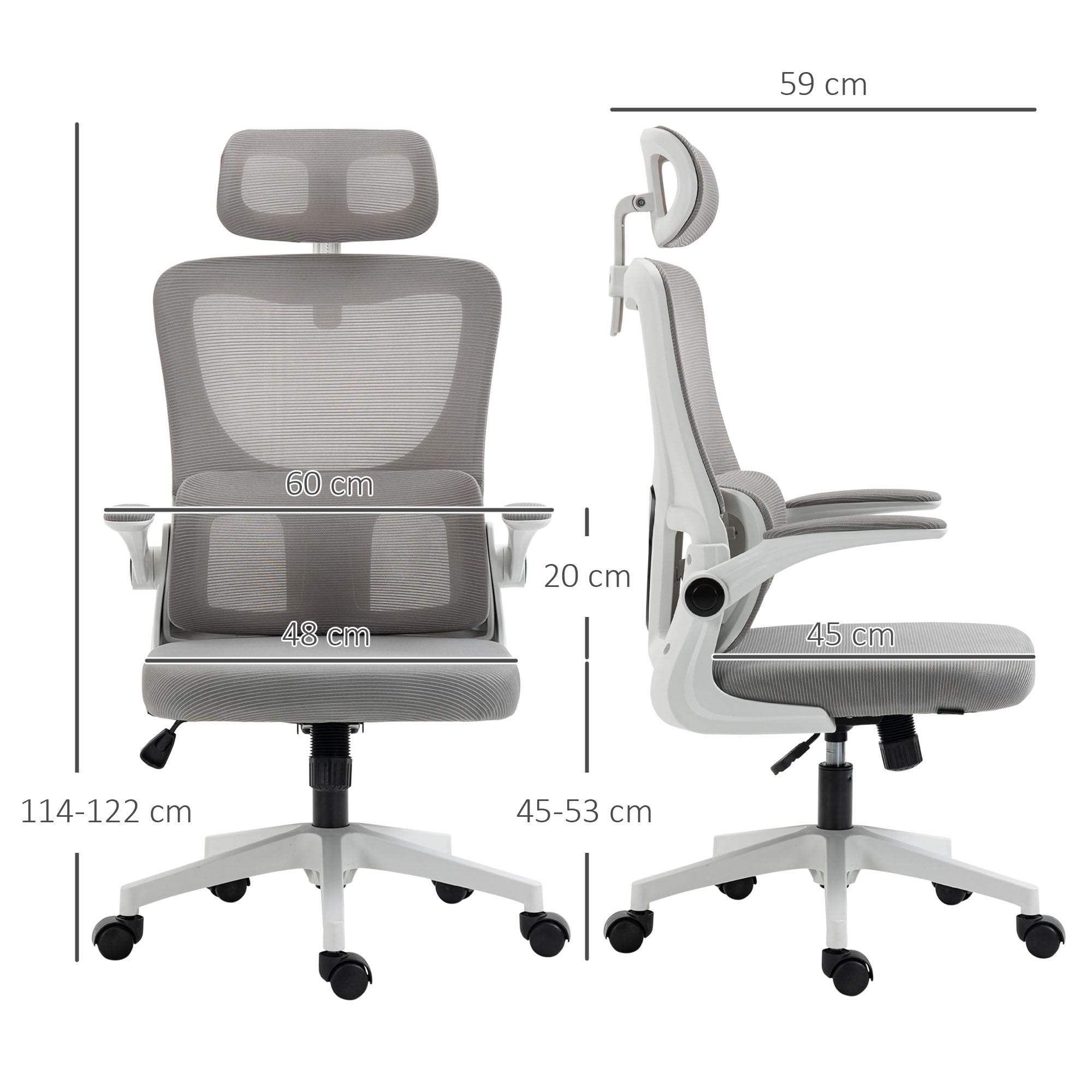 Vinsetto Fauteuil de Bureau Maille Respirant Accoudoirs Relevables Gris | Chaise Ergonomique, Pivotant, Appui-Tête Réglable, Support Lombaire, Hauteur d'Assise Réglable, Fonction de Bascule