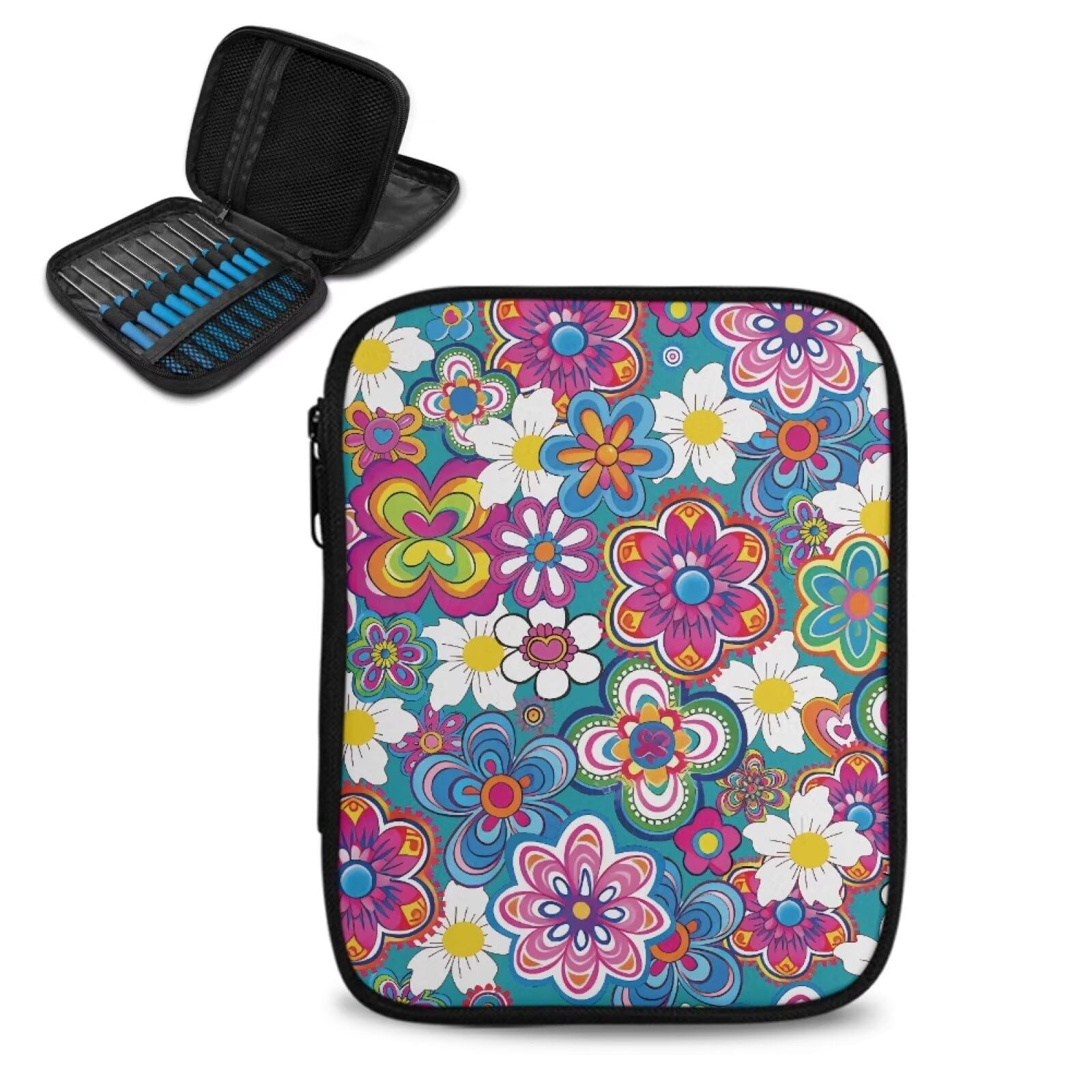 Vanideaoty Boho Floral Crochet Hook Case with Web Pockets Knitting Needle Organizer - Portable Crochet & Knitting Storage for Hooks, Needles &