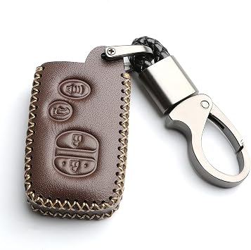 Leather for Toyota Camry Avalon Corolla Highlander Prius RAV4 Venza Remote 4 Buttons Key Case Holder Cover Fob Chain Brown
