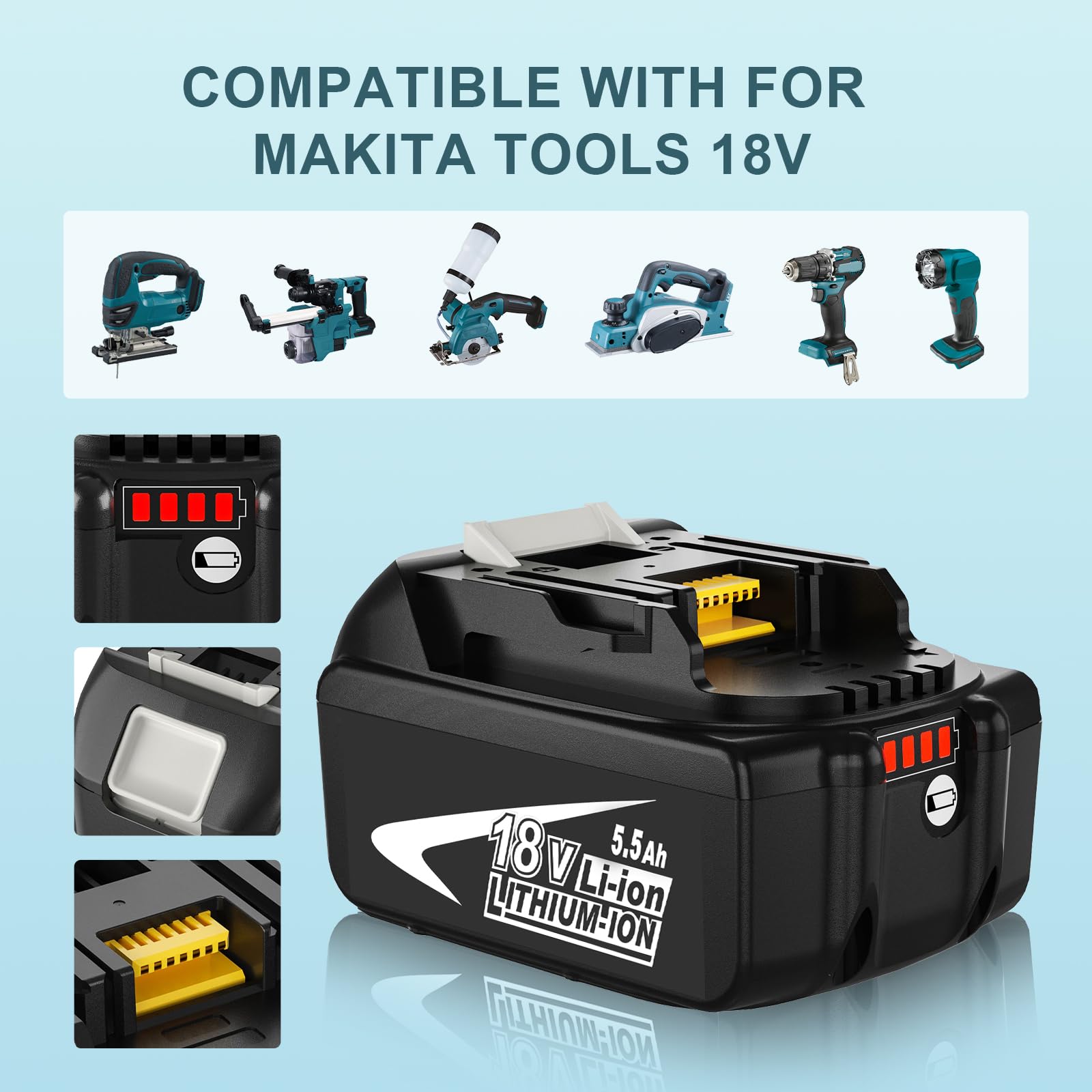 Batterie Remplacement pour Makita 18V 5.5Ah+3A Chargeur pour Makita Batterie 18V BL1850 BL1840 BL1830 BL1820 BL1815 et Chargeur DC18RA DC18RC DC18RD (White)