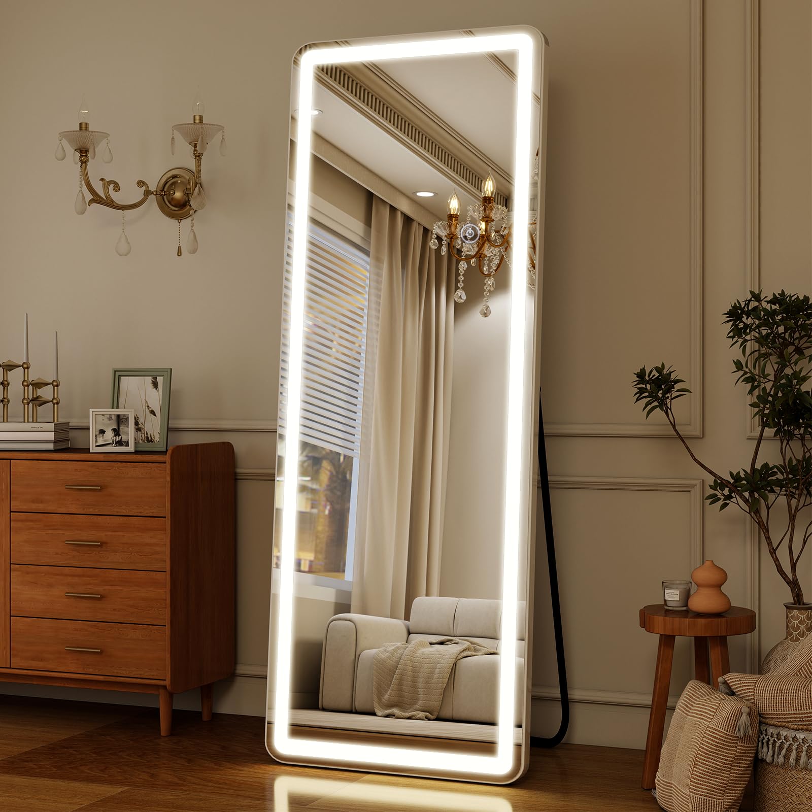Miroir Pleine Longueur 164 x 60 cm avec éclairage LED, Verre de sécurité, Variateur d'intensité, Miroir sur Pied
