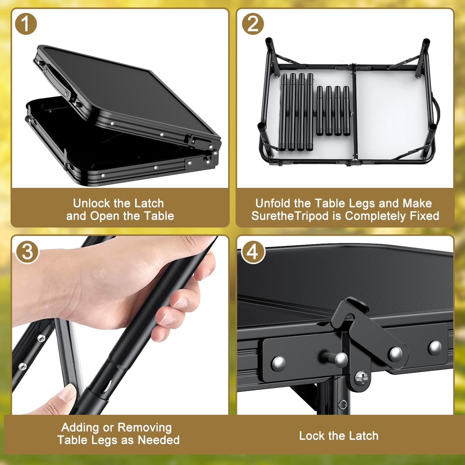 Folding Camping Table, 2 FT Folding Portable Camping Table, Outdoor&Indoor Picnic Table with 3 Adjustable Height Max 27.1",Lightweight Aluminum Camping Tables, Car Camping Essentials-Pure Black