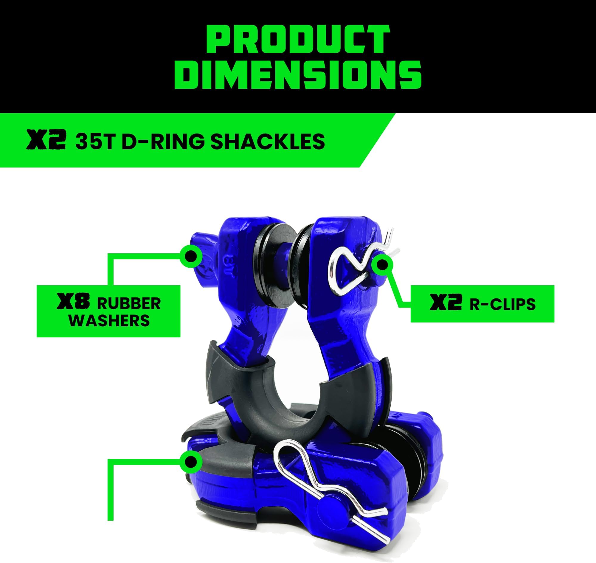 Rhino USA Super D Ring Shackles (2-Pack) - 70,548lb Break Strength – Heavy Duty 3/4" Clevis Shackle with 7/8 Pin for Towing & Off-Road Use - Pairs with Tow Strap for Vehicle Recovery (Blue)