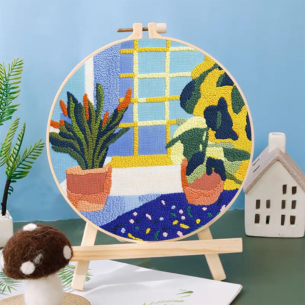 Punch Needle Kit For Beginners - Complete DIY Embroidery Kit With White Flower Pattern, Yarn, Hoop, & Tools | 20x20cm Craft