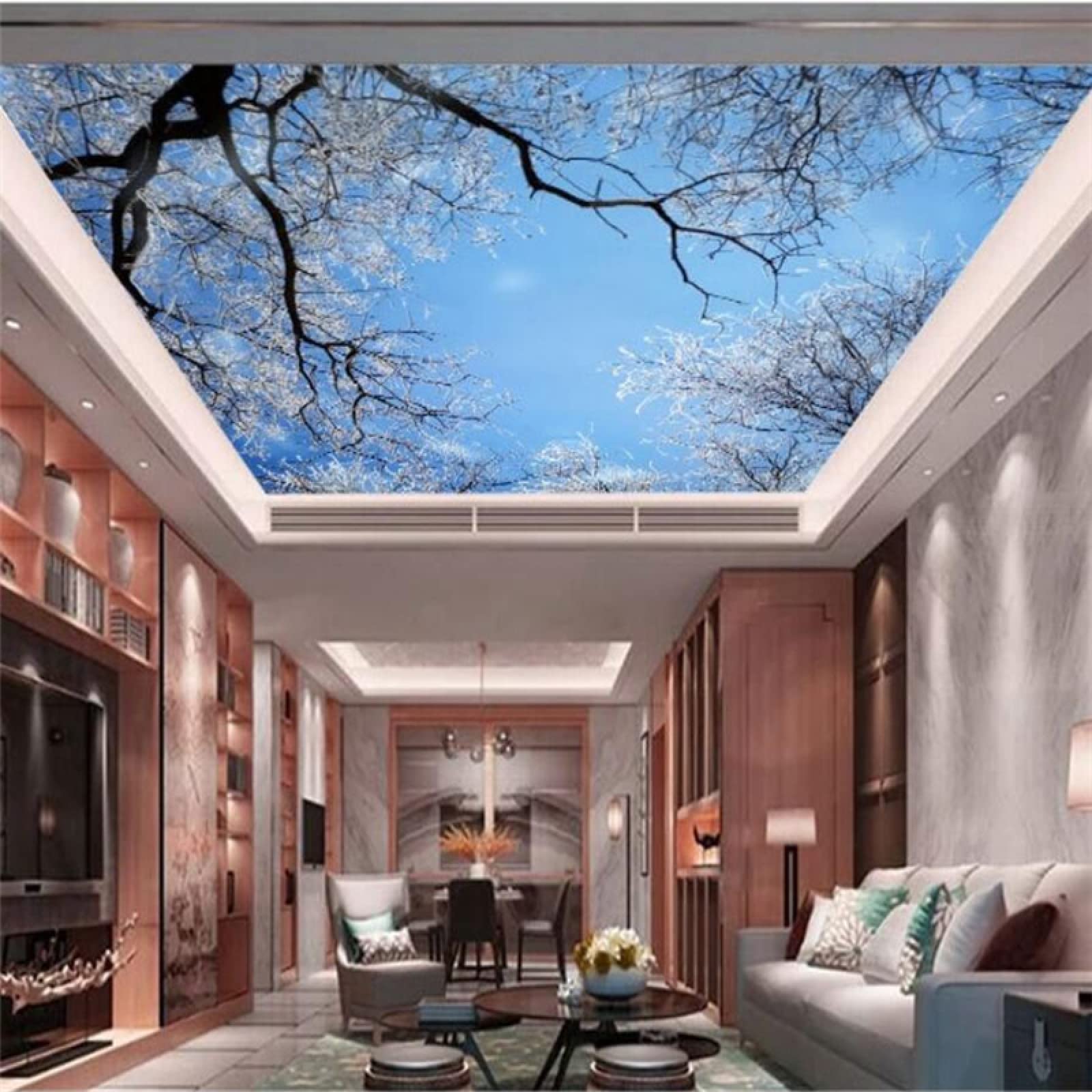 Plafond paysage d'hiver 3D : revêtement autocollant ciel bleu et branches enneigées
