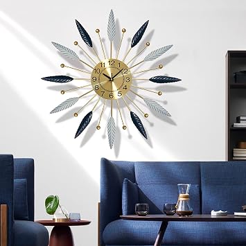 Large Metal Clock Starburst Wall Clocks, 23.6in Battery Operated Non-Ticking Silent 3D Wall Clocks,Modern Home Wall Art Decor for Living Room,Kitchen,Dining Room,Office