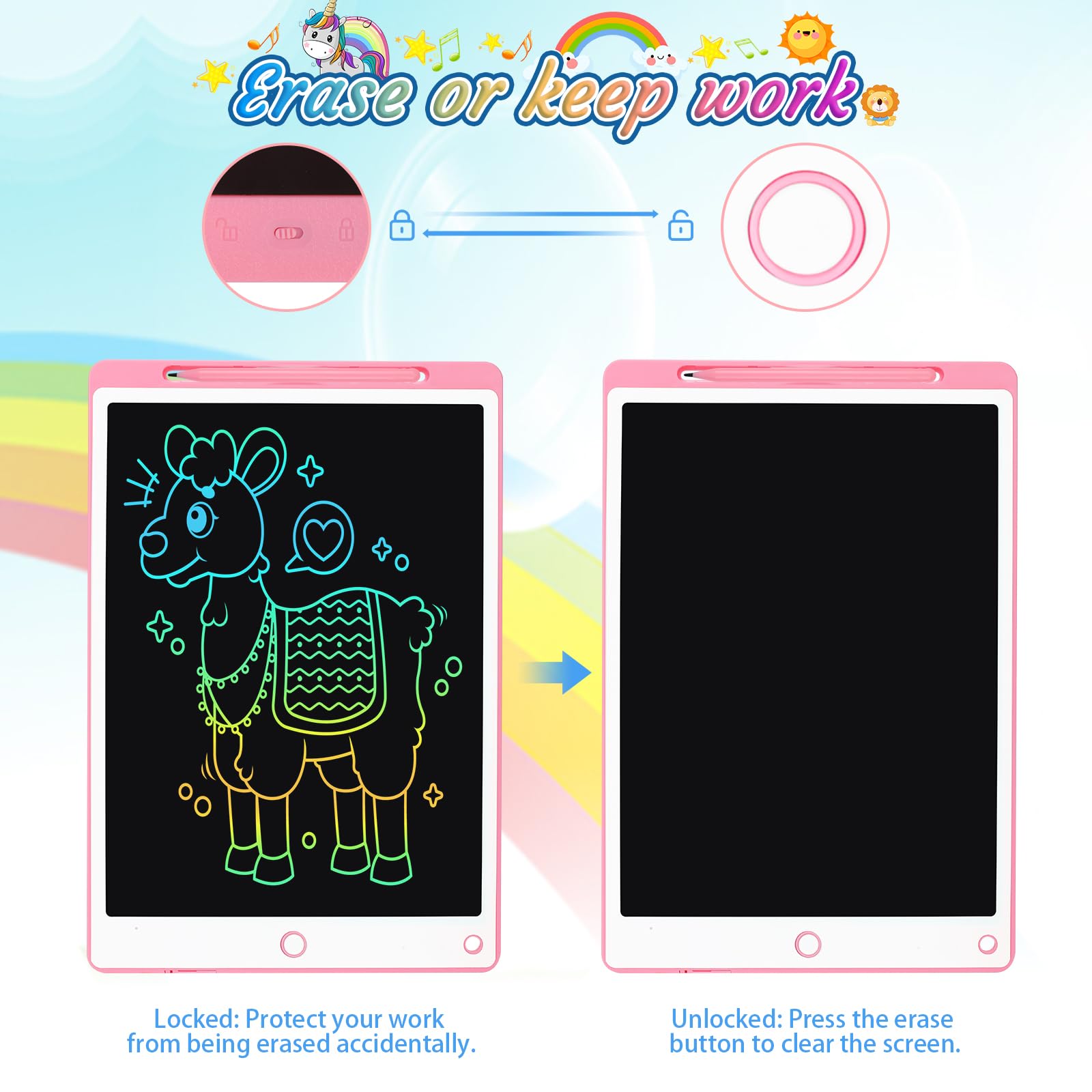Tablette Dessin Enfant 10.5 Pouces Écriture LCD avec Bouton Suppression Interrupteur Verrouillage Rose