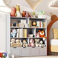 Vista 11 de Gizoon Gabinete de almacenamiento de juguetes y estantería para niños con 3 cajones móviles y 6 estantes abiertos con barrera de prevención de Blanco