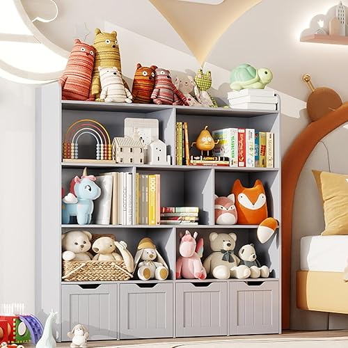 Miniatura 11 de Gizoon Gabinete de almacenamiento de juguetes y estantería para niños con 3 cajones móviles y 6 estantes abiertos con barrera de prevención de Blanco