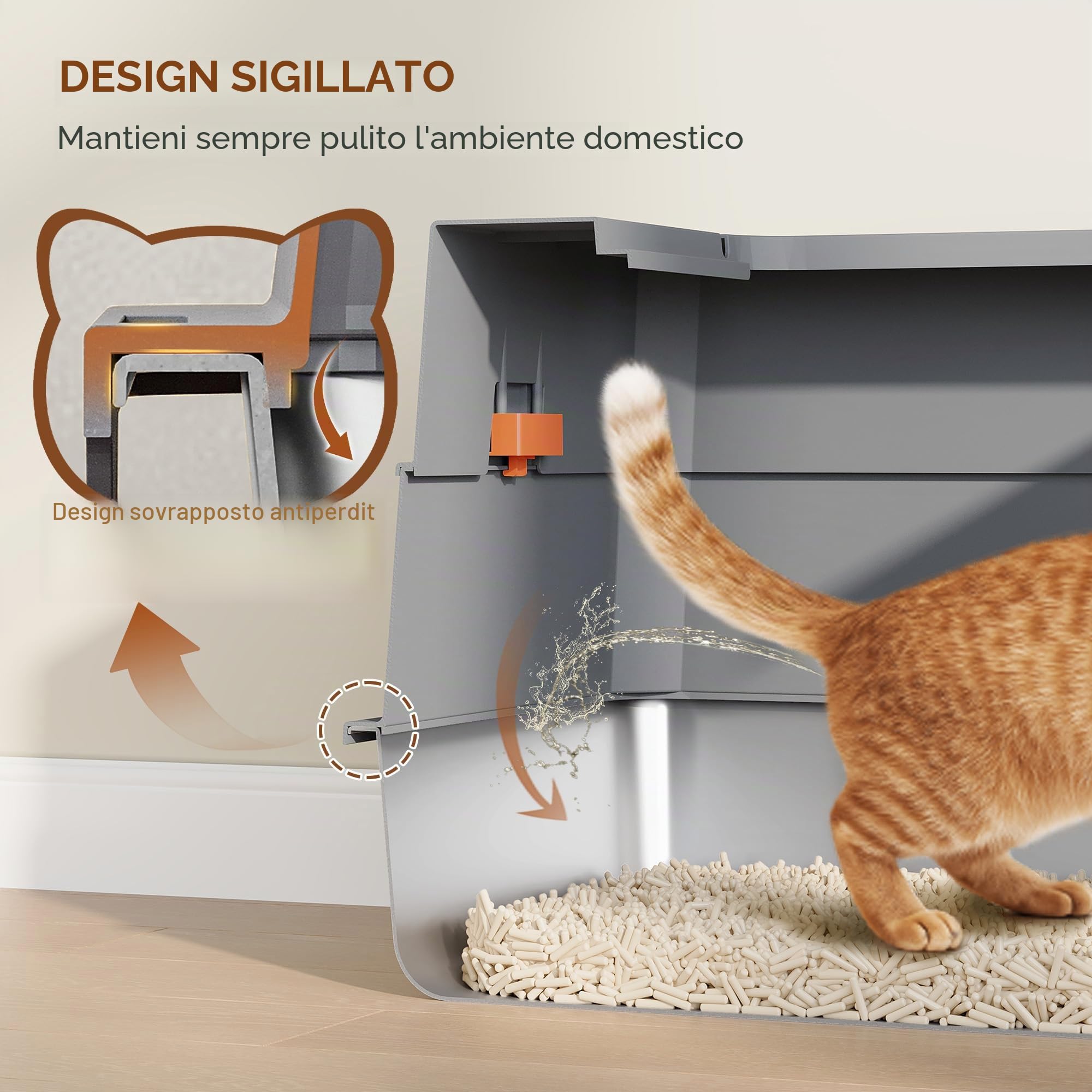 Lettiera Acciaio Inox Gatto con Coperchio, XXXL Lettiera Gatto Chiusa, 70 x 50 x 45 cm, 105° Coperchio Pieghevole, Include Pedale e Paletta, Facile da Pulire, Design Modulare, Grigio Scuro